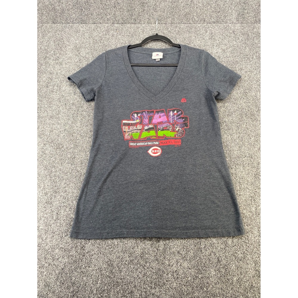 Majestic Cincinnati Reds Star Wars T Shirt Womens M Gray V-Neck 2015 MLB Graphic
